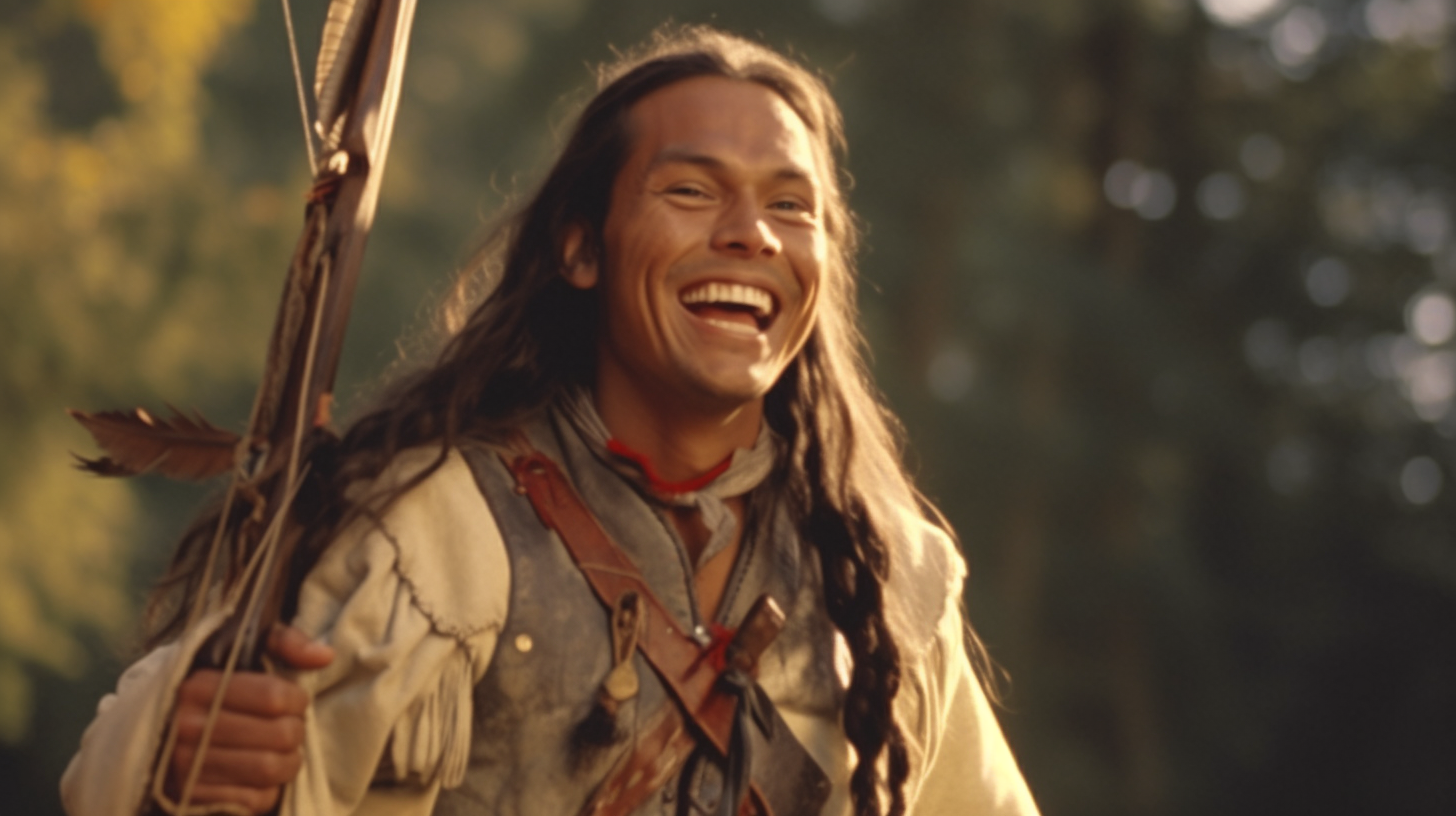 Native American hunter laughing joyfully