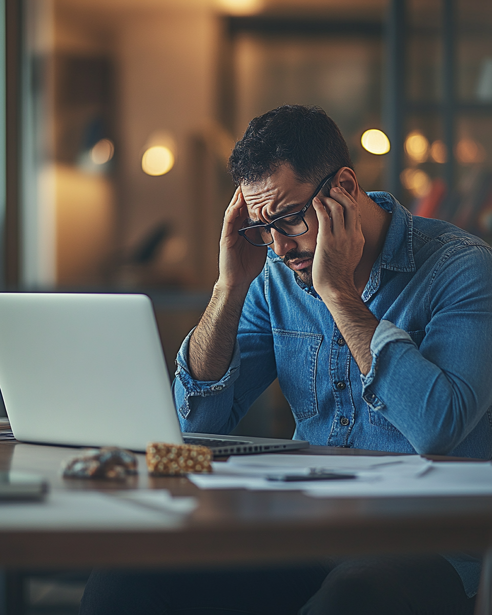 Sad Man Working Laptop Chips