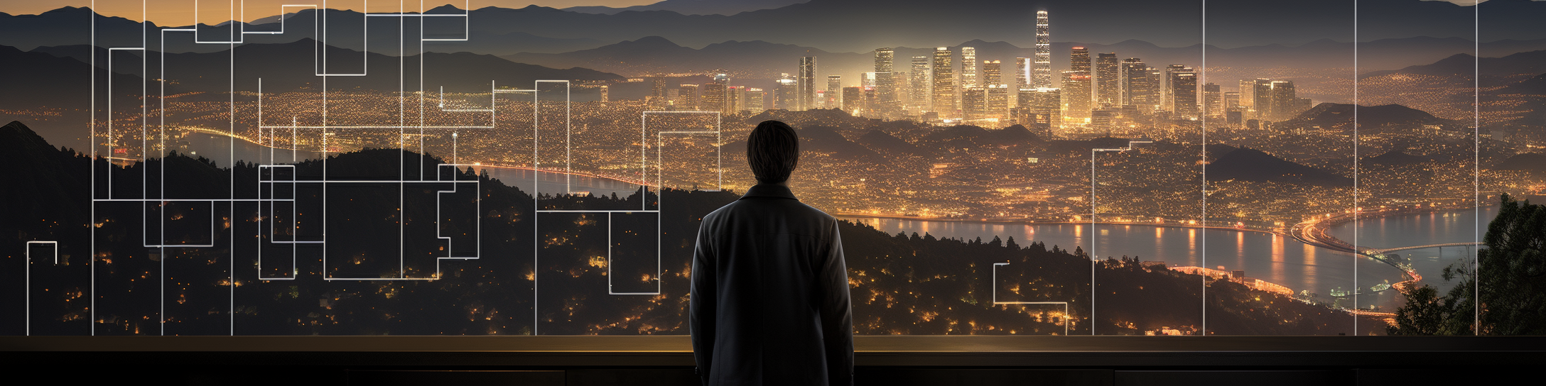 Man in brown suit looking out of office window