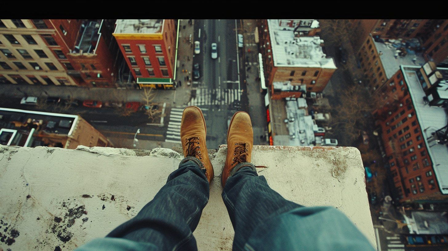 Man on ledge looking down at feet and street