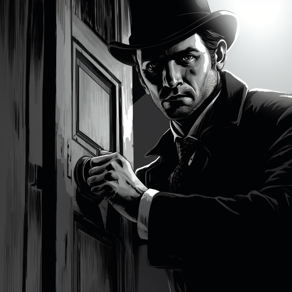 Man opening door in 1860 noir comic style