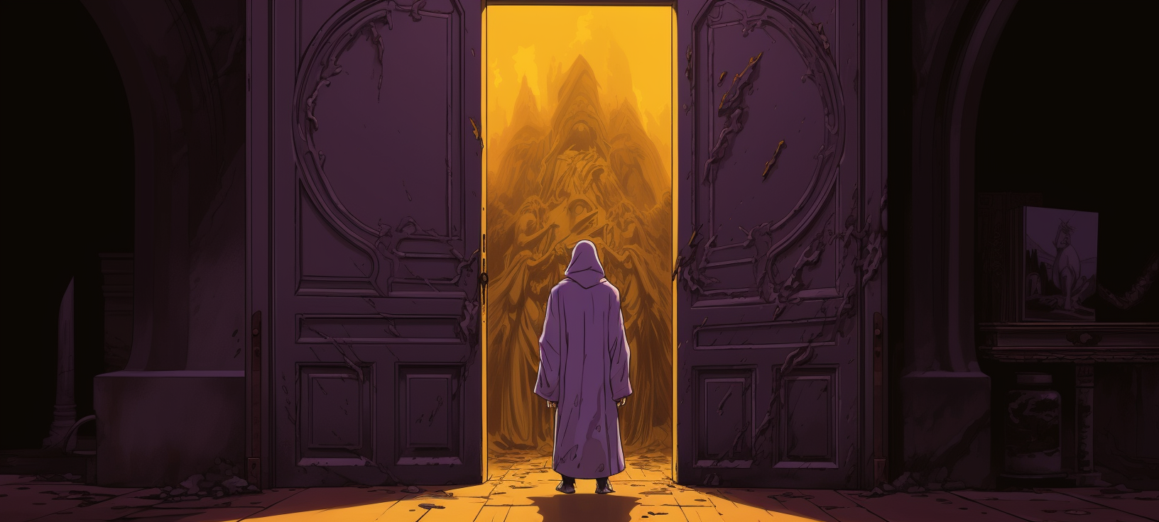 Man in White Hooded Cloak Opens Wooden Door