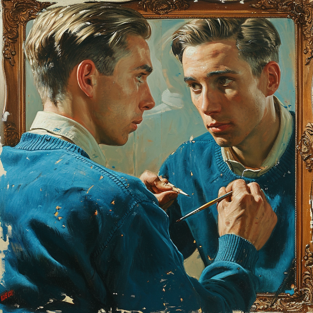 Man painting himself in mirror