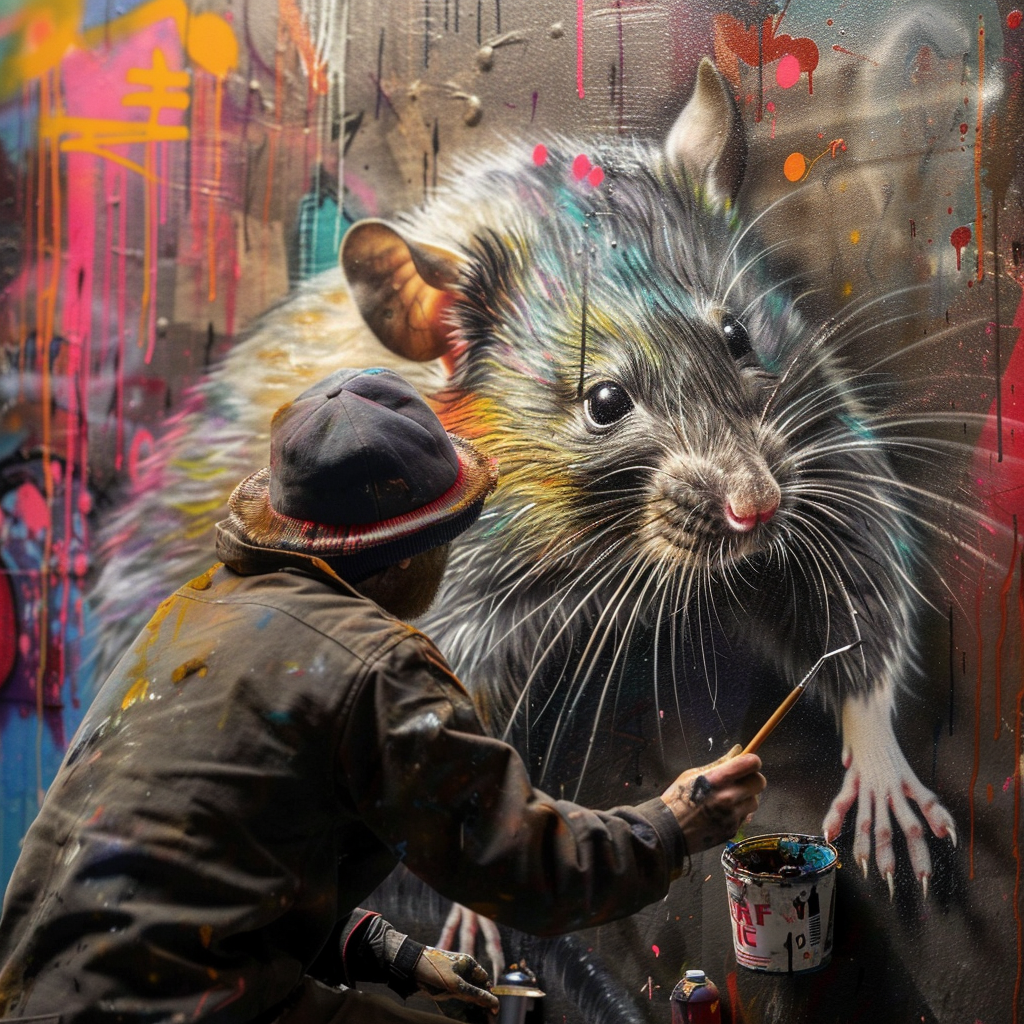 man painting rat graffiti wall