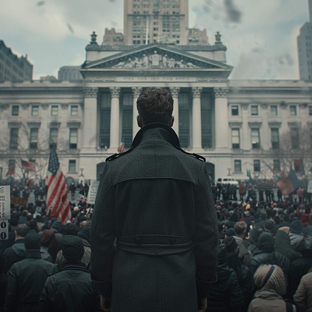 man in peacoat protestors Manhattan courthouse