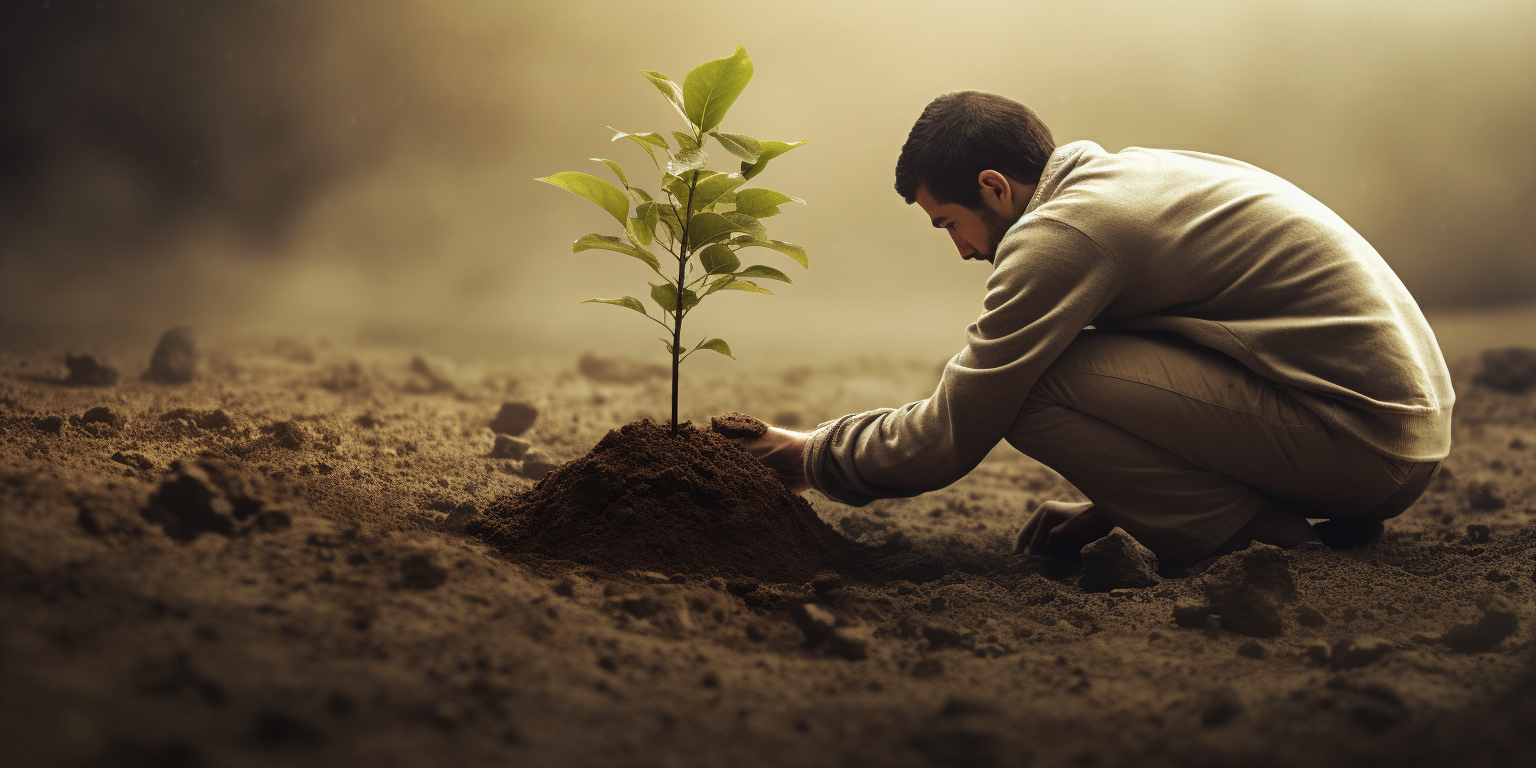 Man planting small tree in the ground