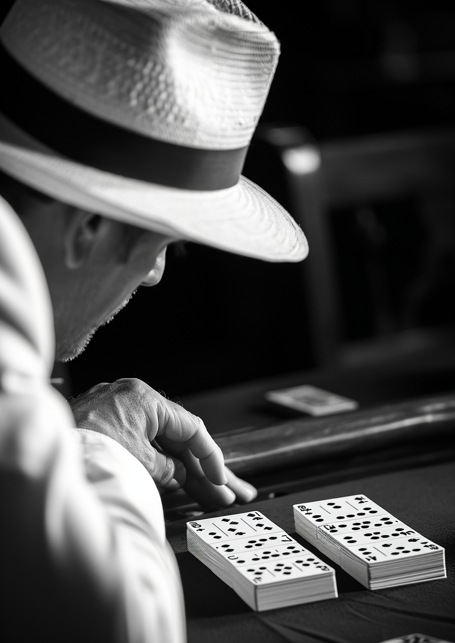 Man playing domino with Panama hat and double 6