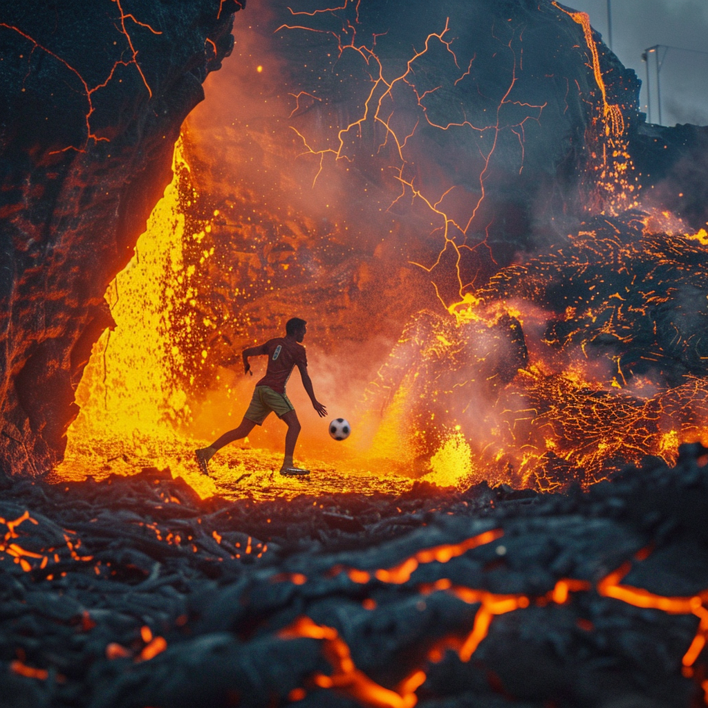 man playing football volcano