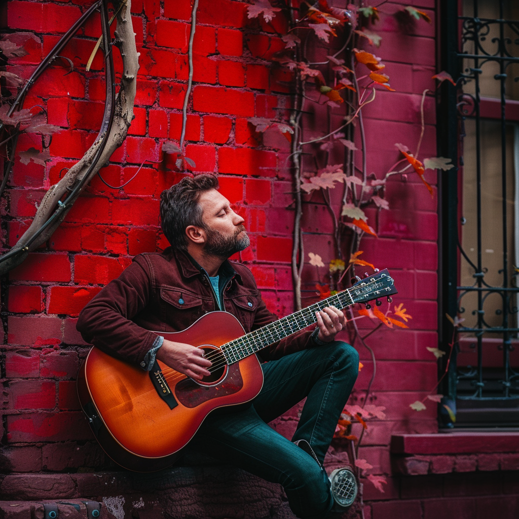 Man playing guitar against brick building