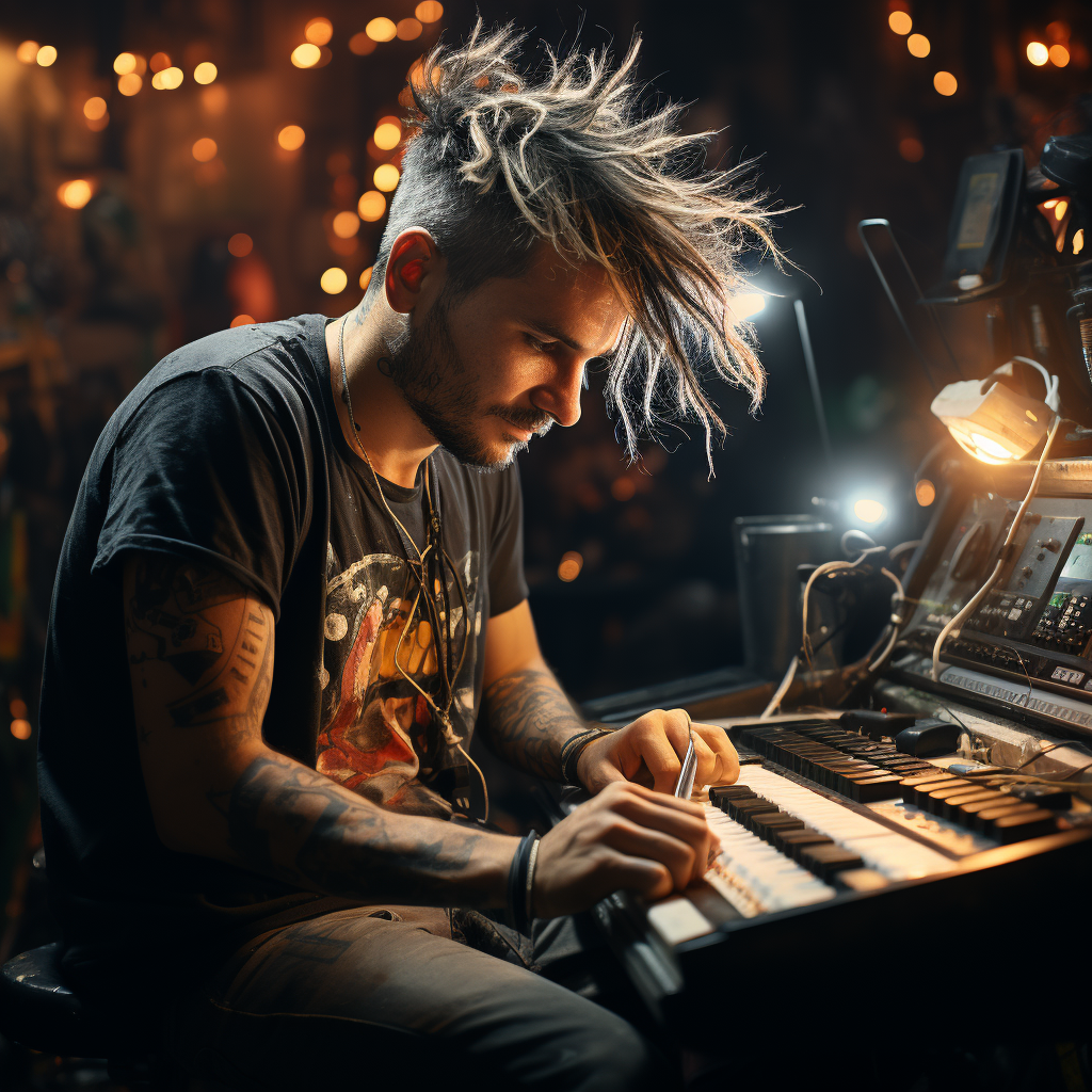 Man playing PS5 near punk band drummer at concert