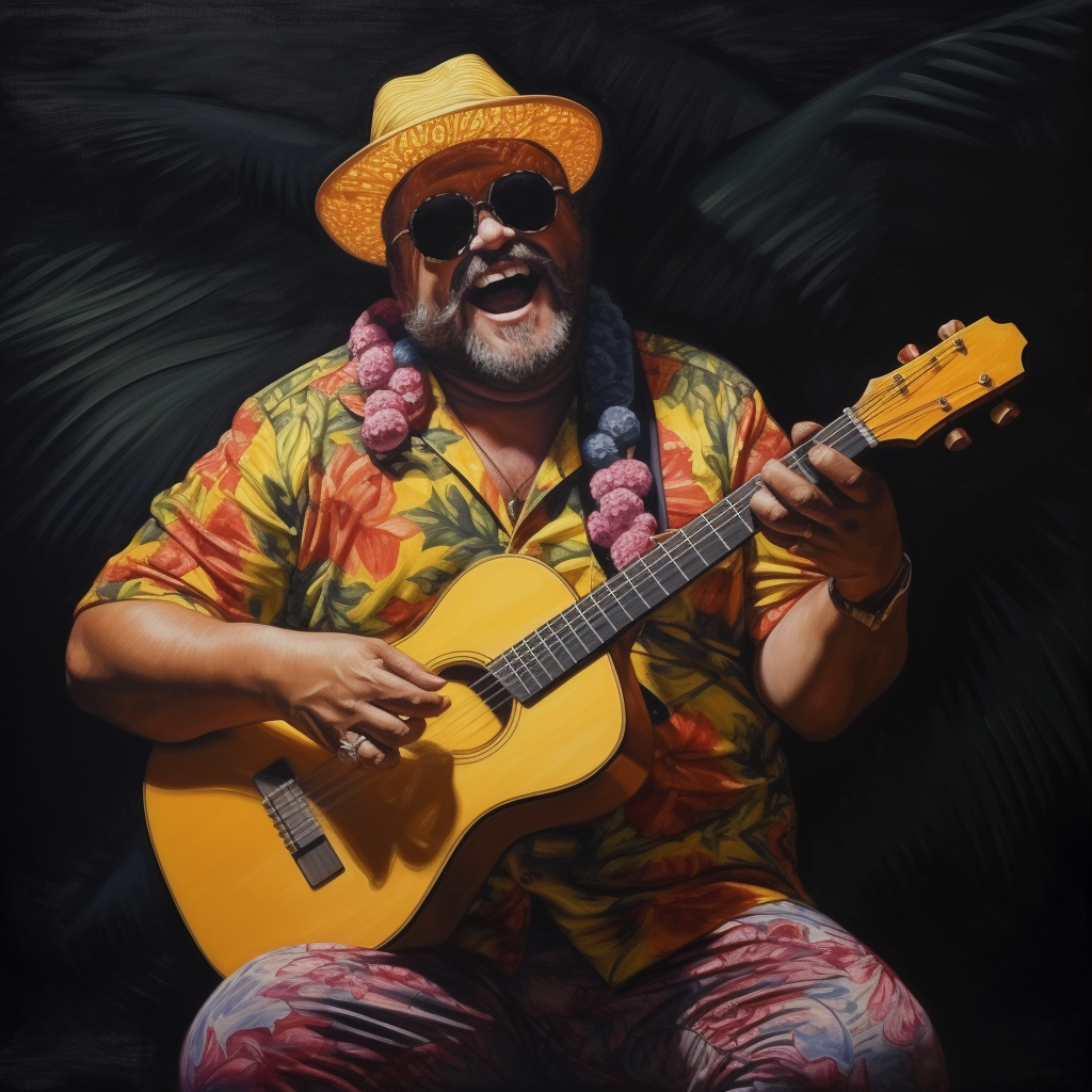 Smiling man playing ukulele with passion