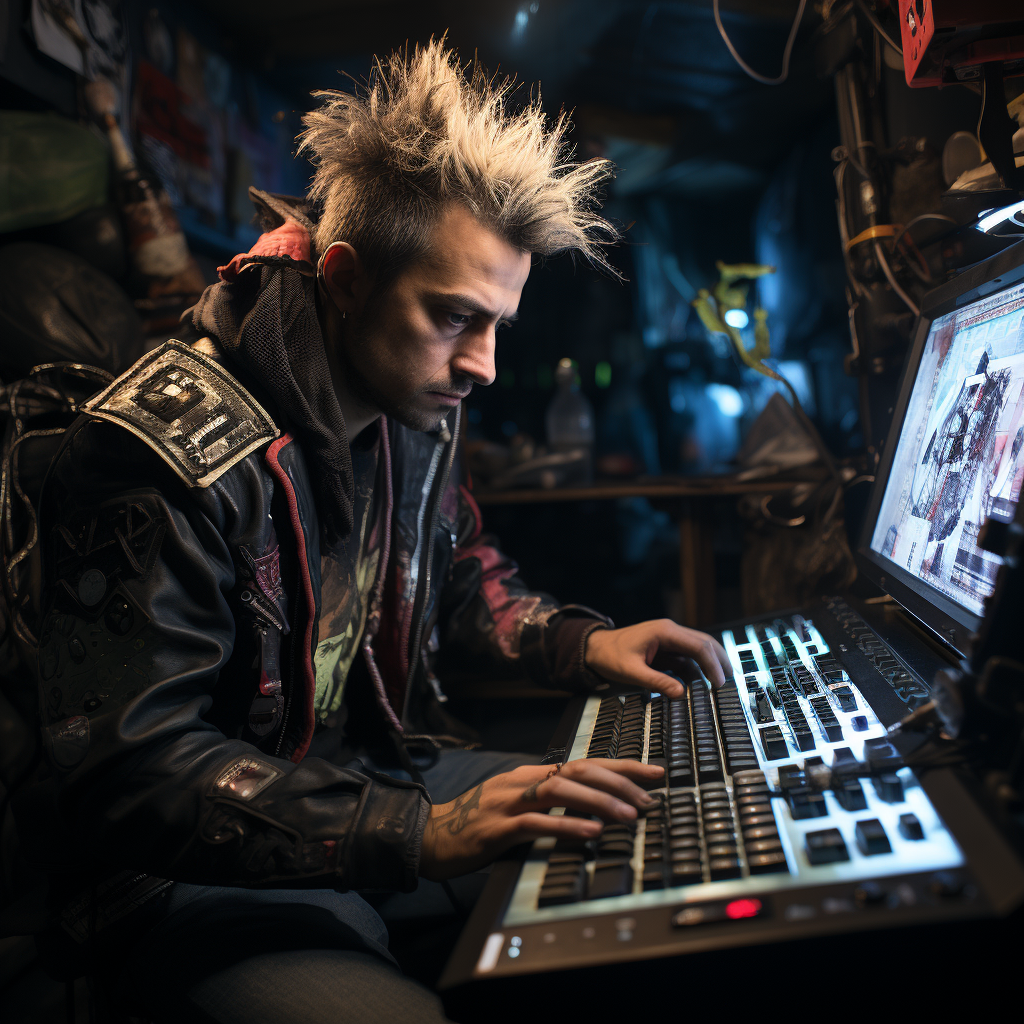 Man playing videogames behind punk band concert