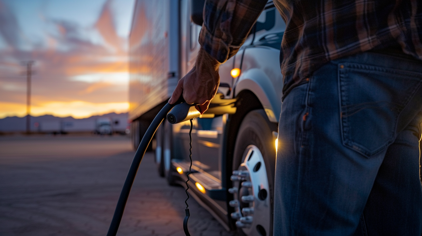 Man plugging EV charger eCascadia sunset desert