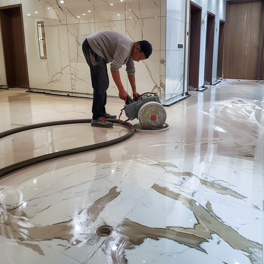 Man using floor polishing machine