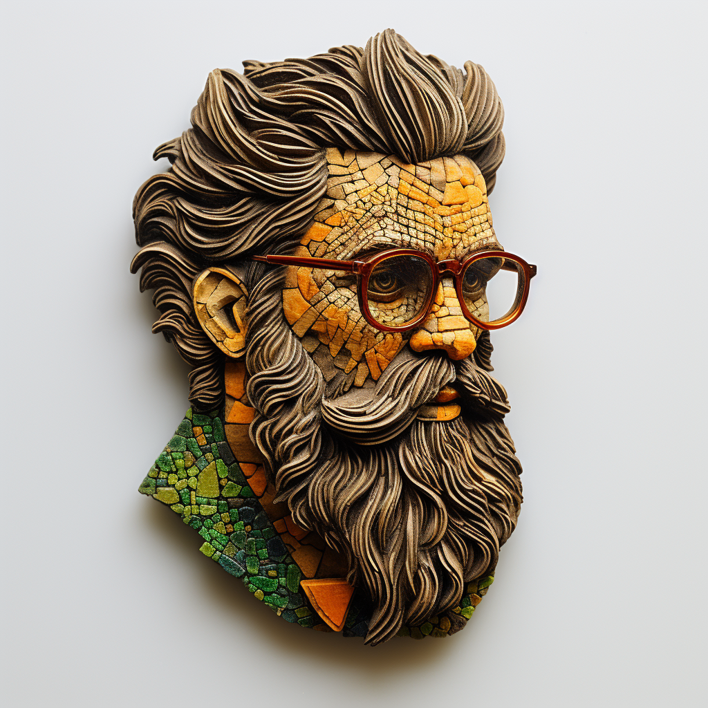 Brooch of stylish man with ponytail, beard, and glasses