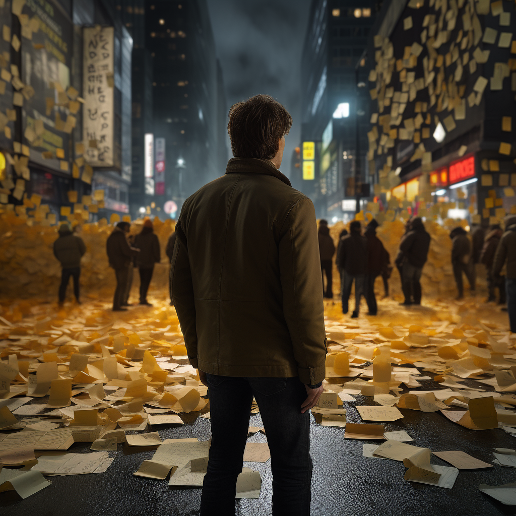 Sad uncertain man covered in post it notes in a crowded street