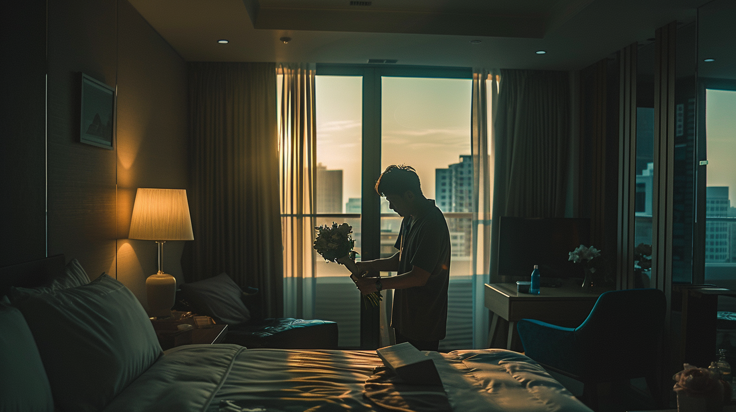 Man making bouquet in hotel room