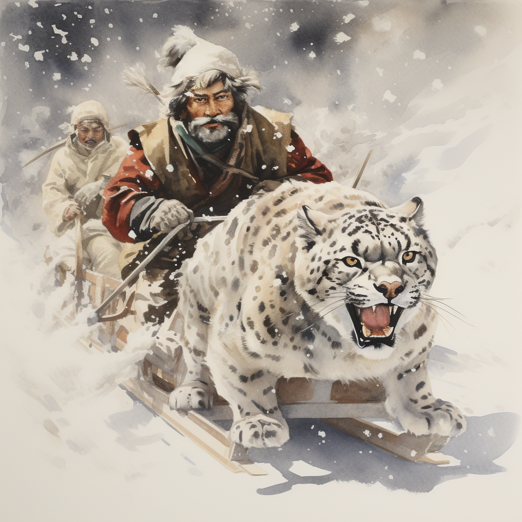 Man pulled on a sleigh by majestic snow leopards