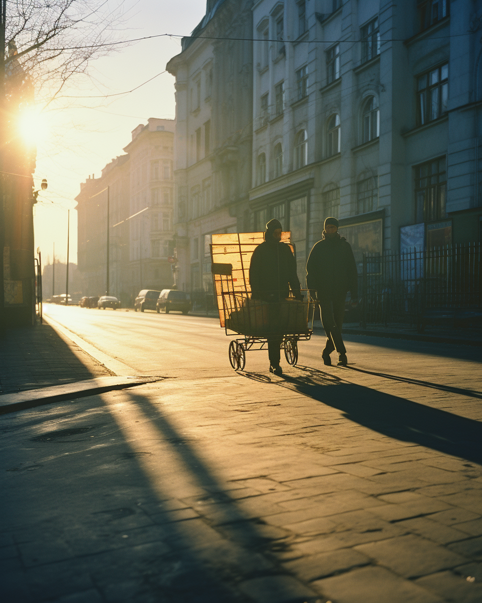 Colorful image of a man pushing a cart in the street