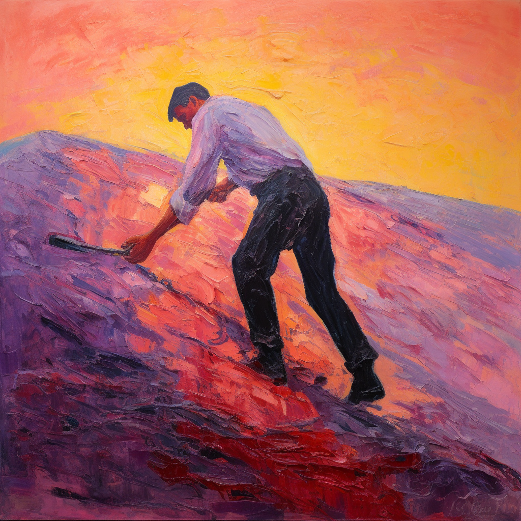 Man pushing stone uphill with palette knives