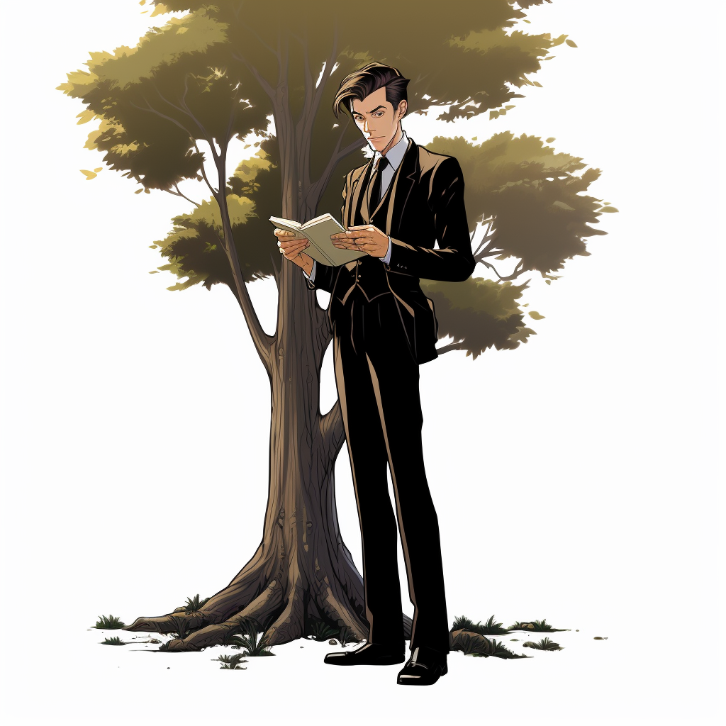 Middle-aged man in black suit reading book under tree