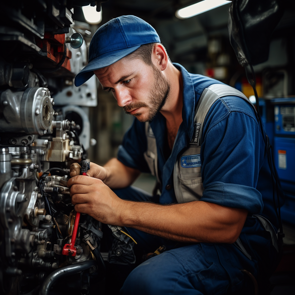 Man with Blue Uniform Repairing Truck Engine