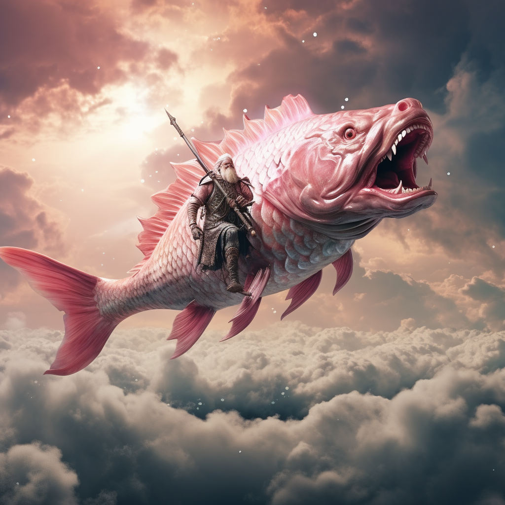 man riding carp in sky