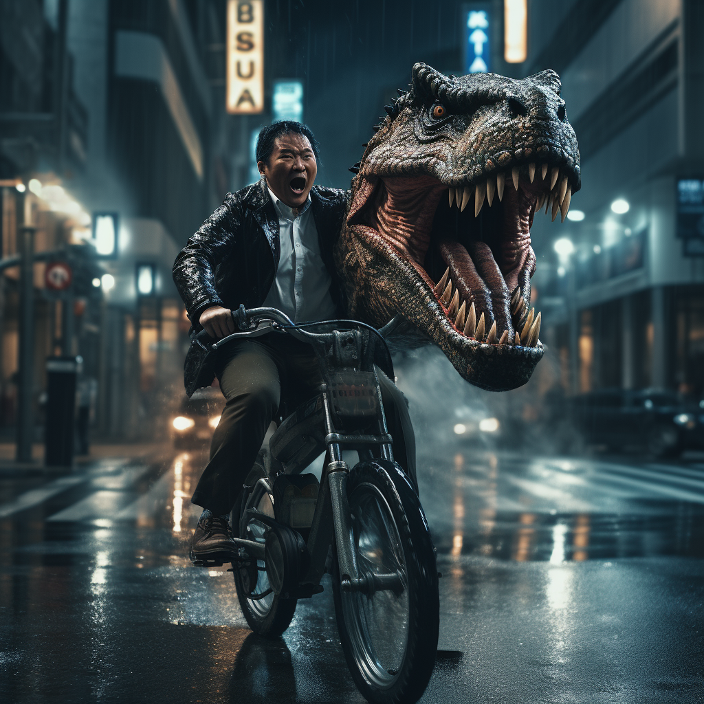 Man riding a T-Rex in Tokyo