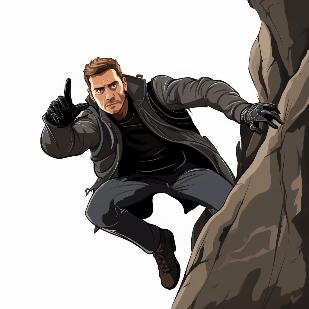 Man rock climbing in black trench coat