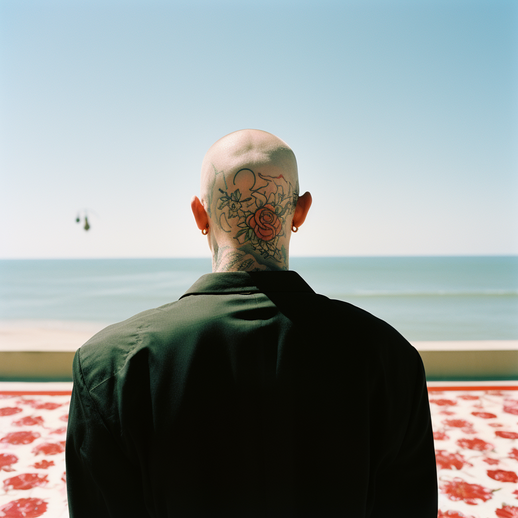 Man with Rose Tattoo looking at sea with kids