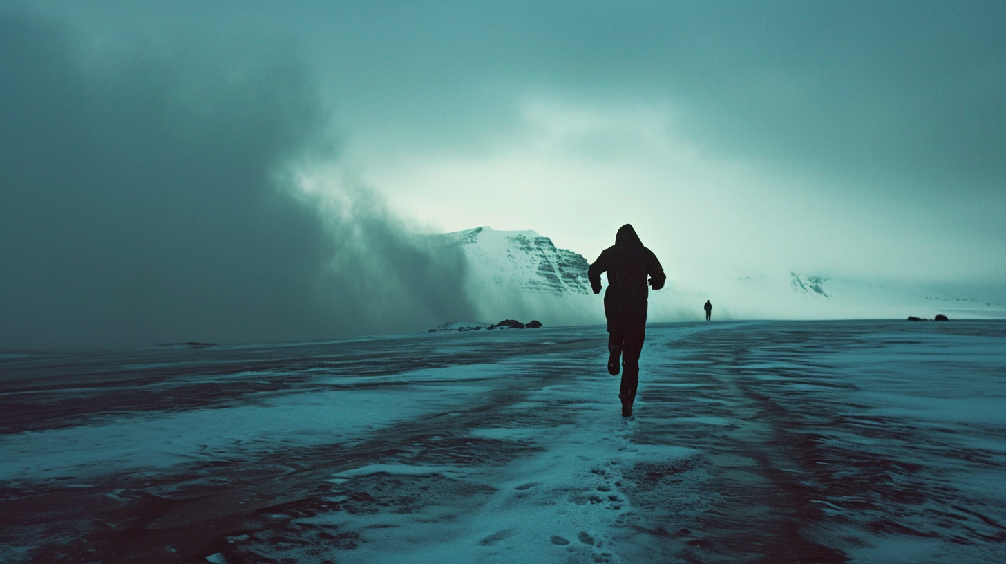 Man running from horizon in Antarctica at dusk