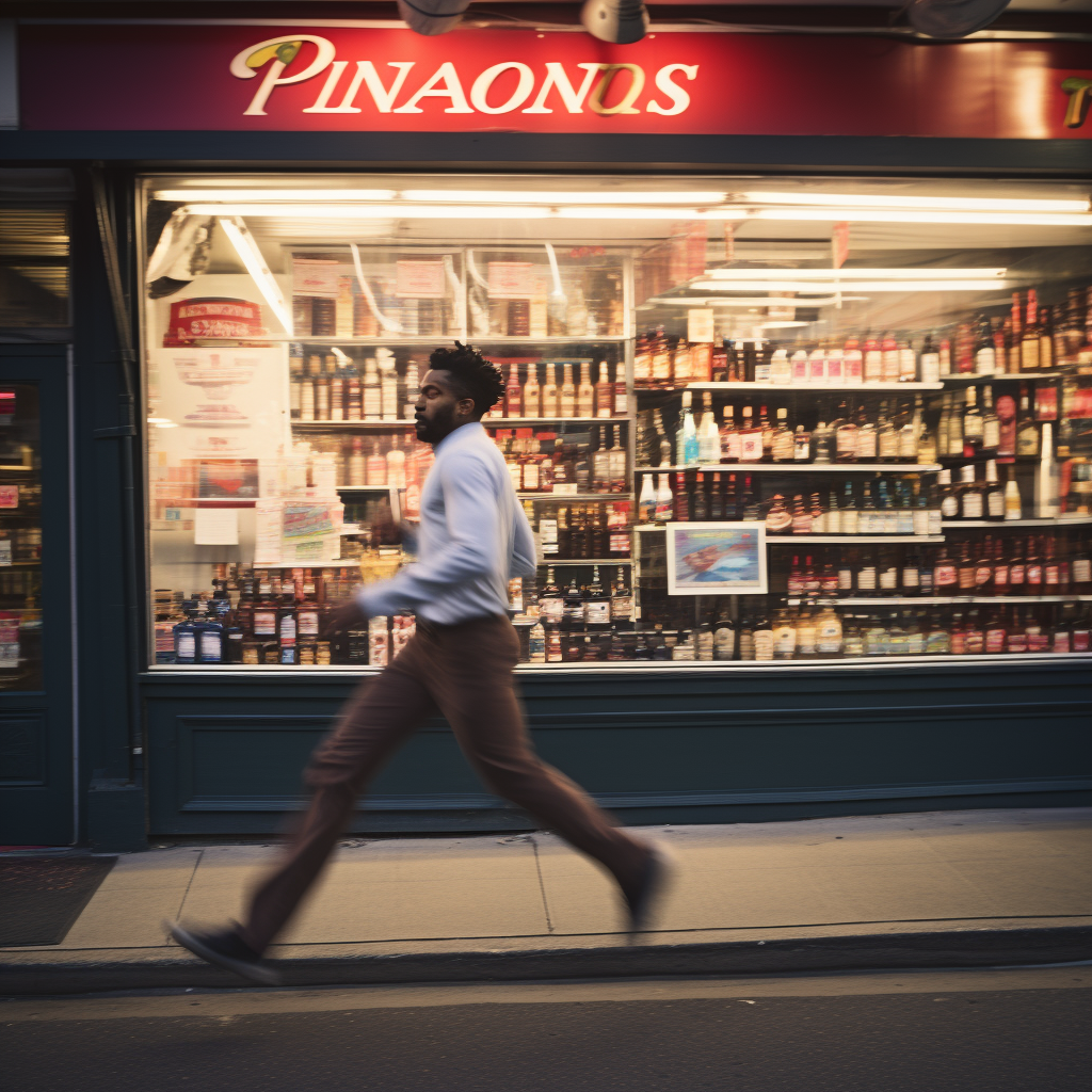 Active man running by liquor store