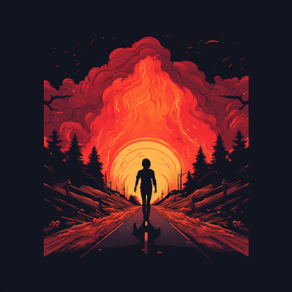 Man running road flames minimalistic