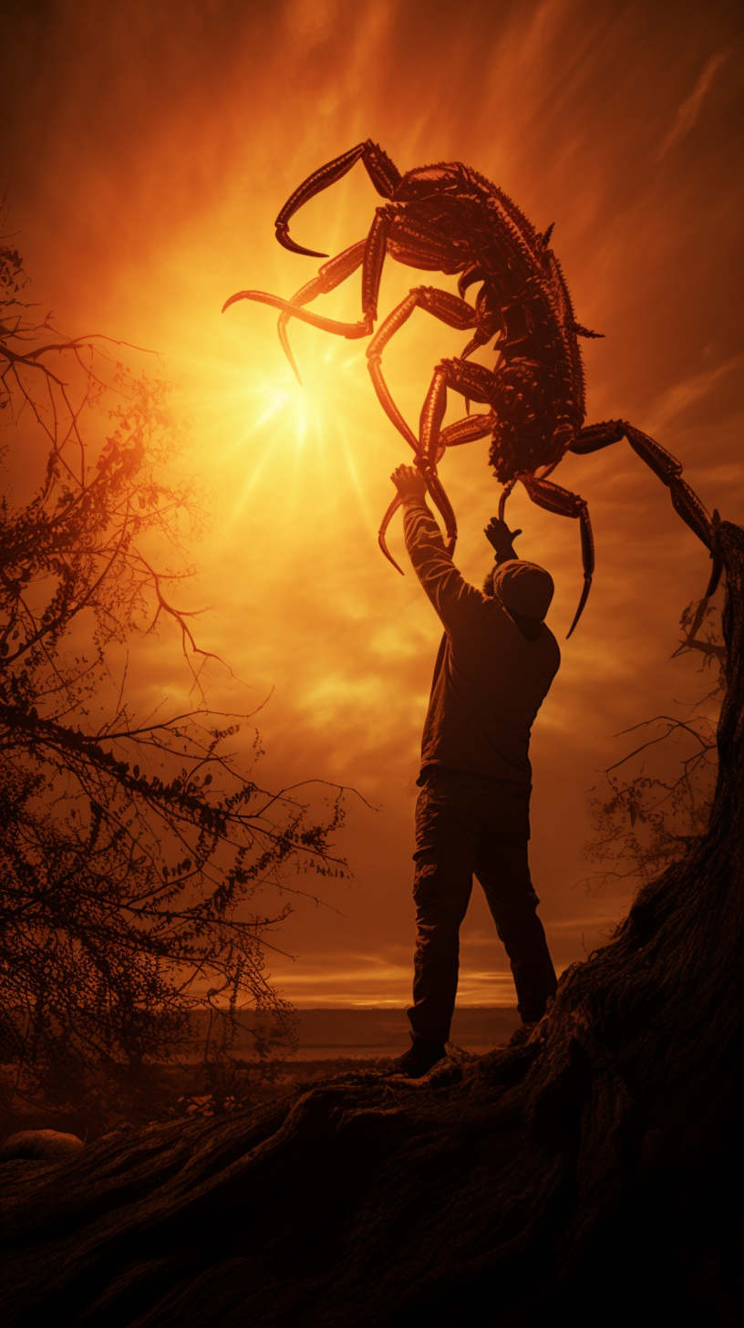 Man with Scorpion Tail Reaching Sun in Nature