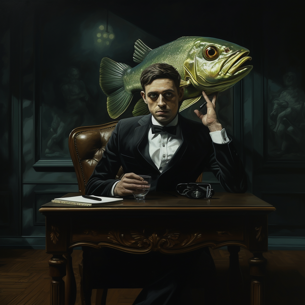 Man with Fish Head at Desk