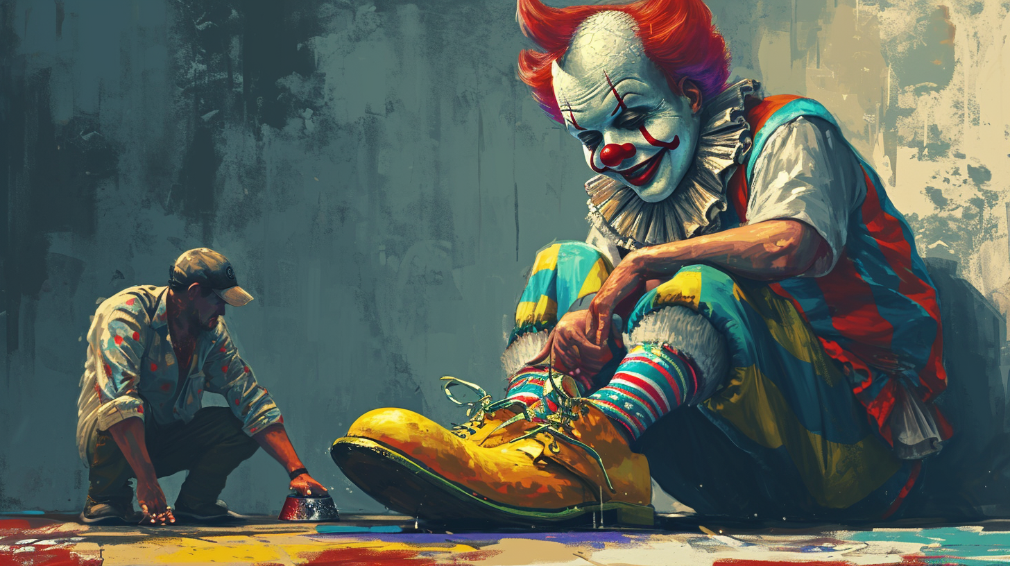 Man shining clown's enormous shoes