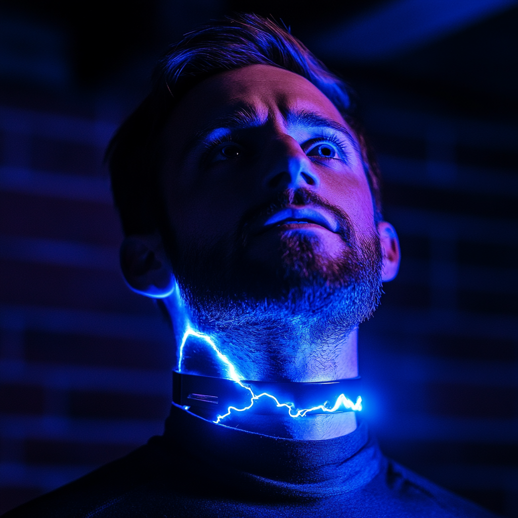 man shocked by collar, blue electricity, bright room, thumbnail