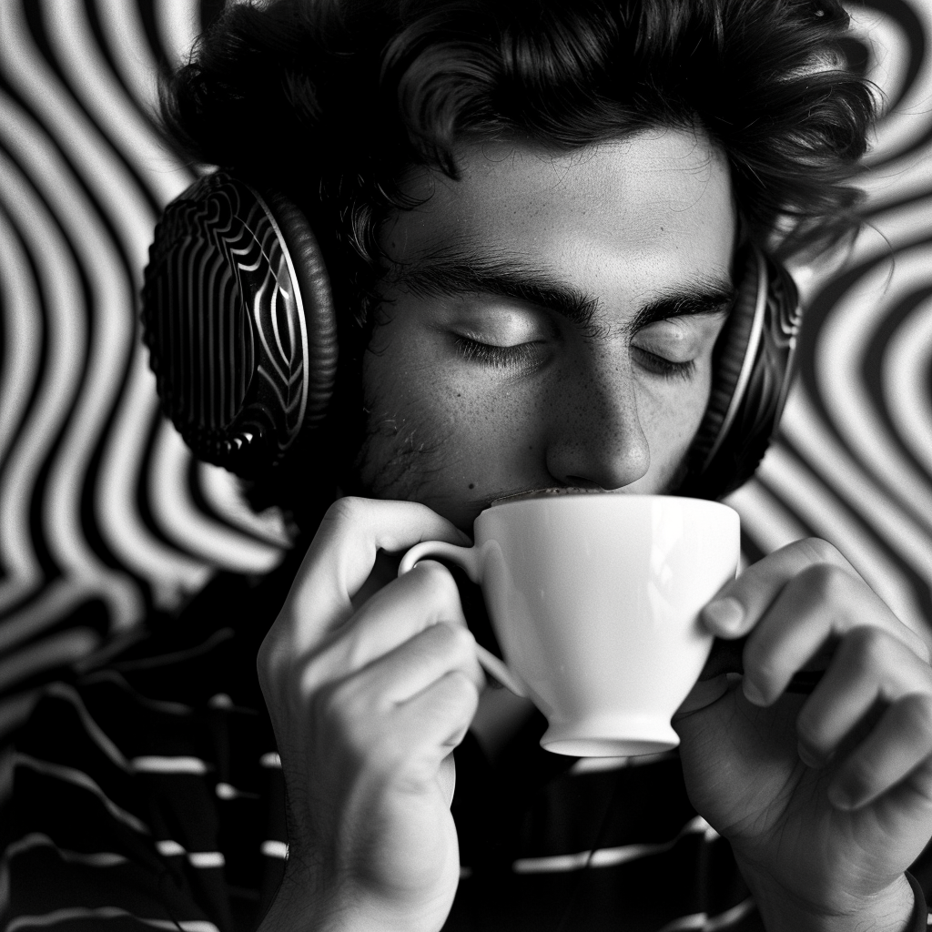 Young man enjoying coffee with headphones