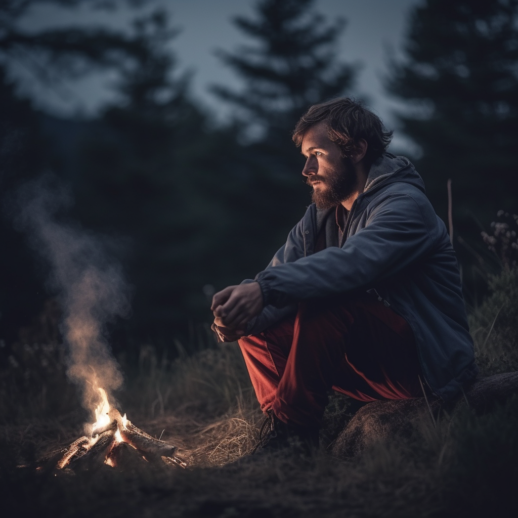 Man Enjoying Fire in the Woods