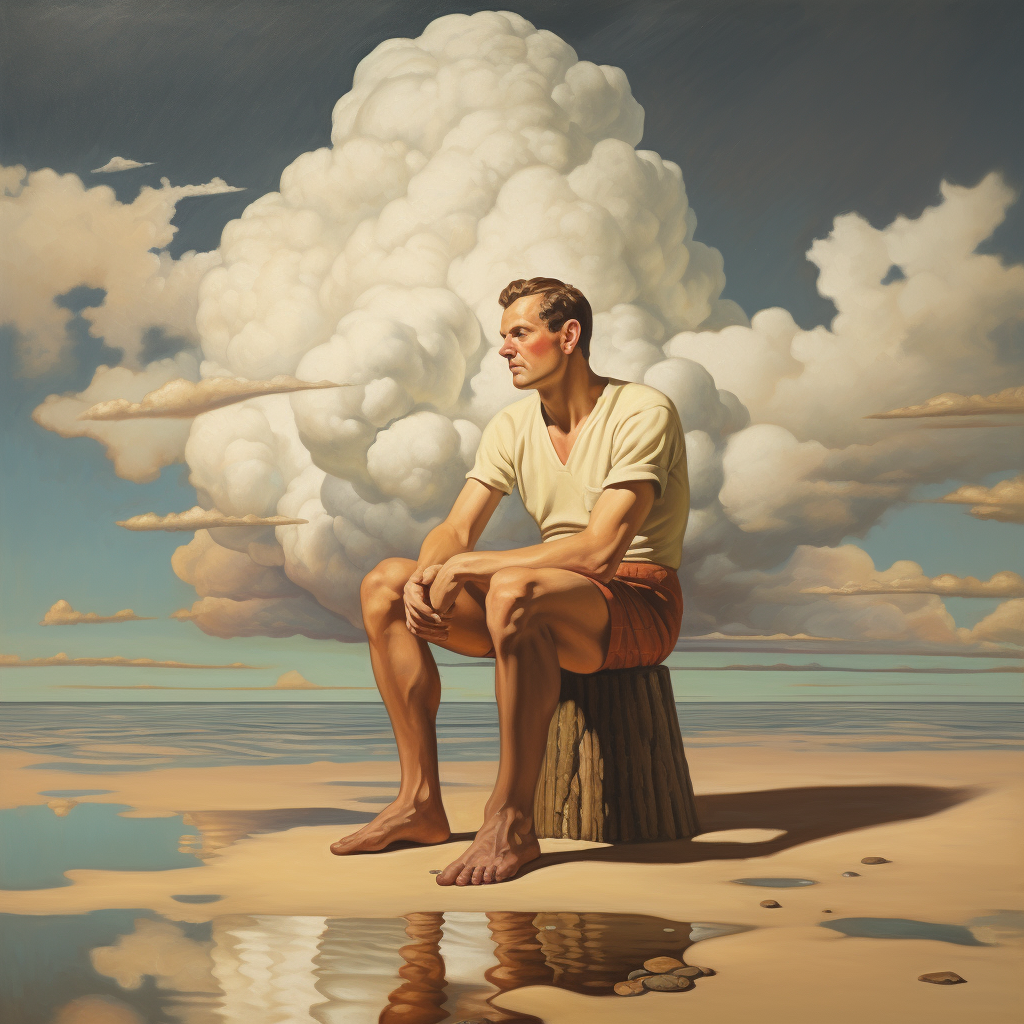 Man sitting on cloud looking at beach