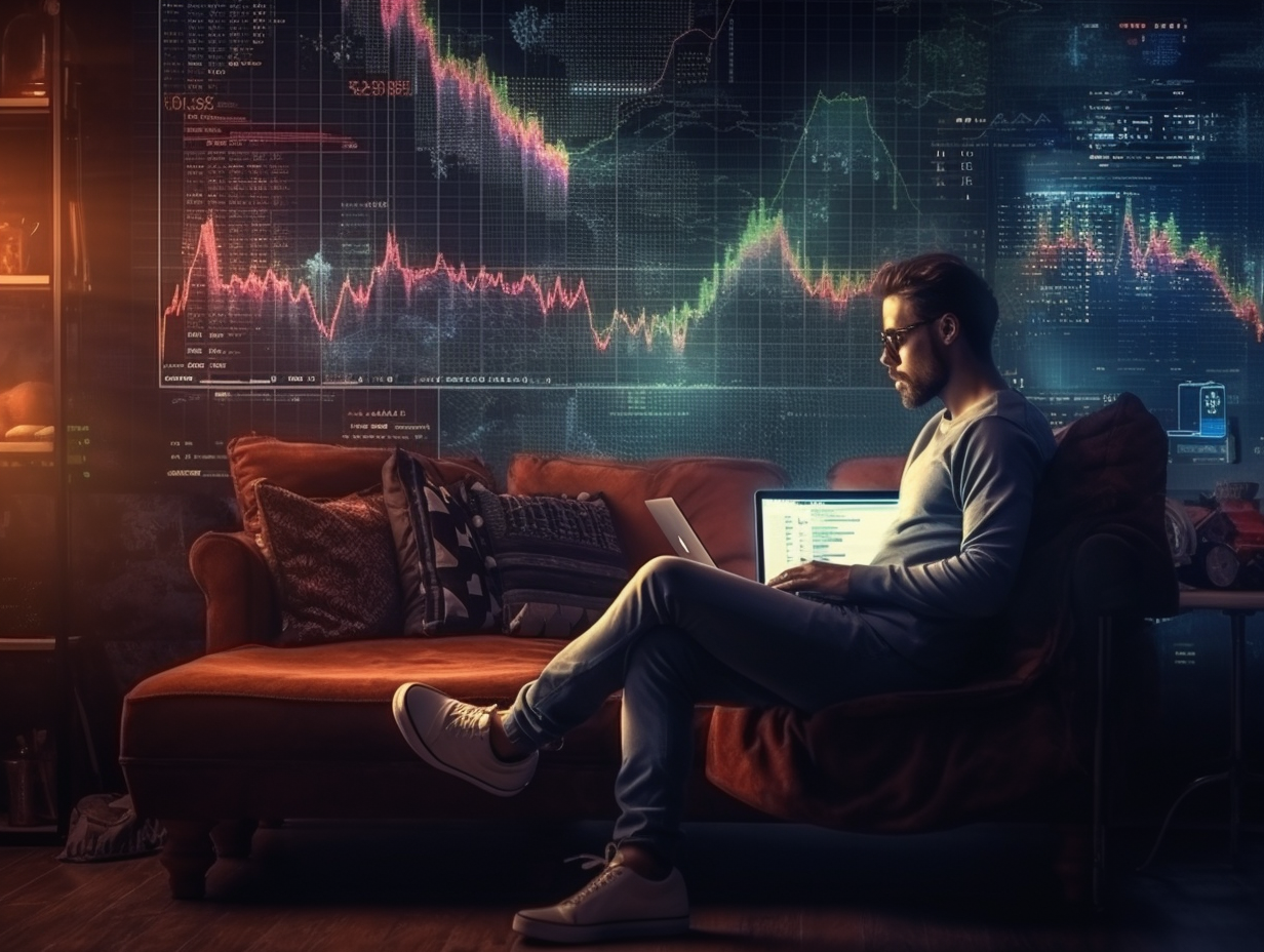 Man sitting on couch with laptop and world stock market trading concept