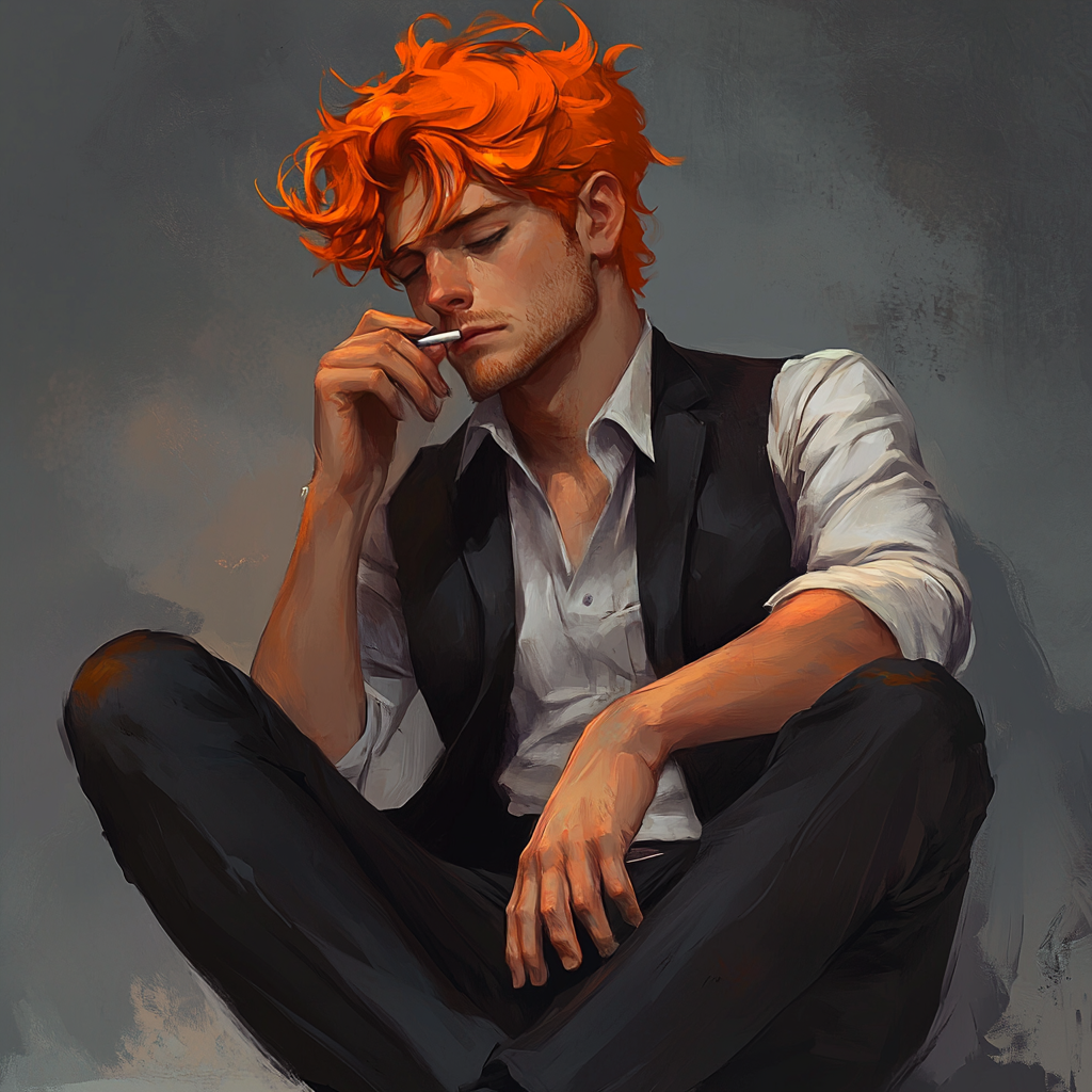 man sitting cross-legged with cigarette, orange hair, rough suit.