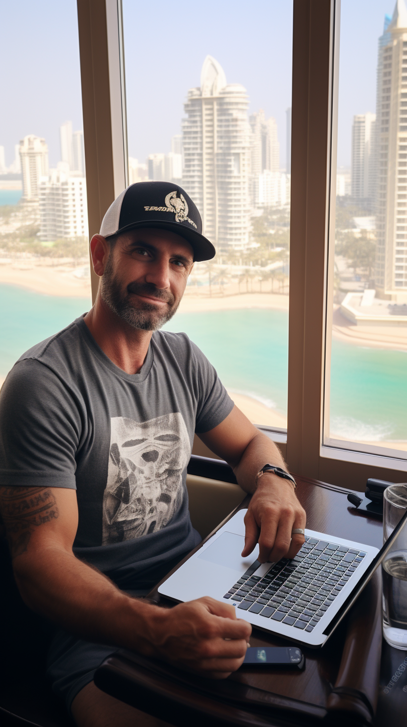 Stylish man with tattoos sitting at desk overlooking Dubai