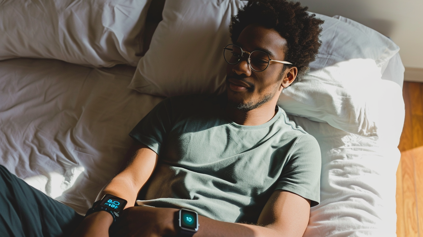 Man sitting on bed with open eyes and Apple Watch