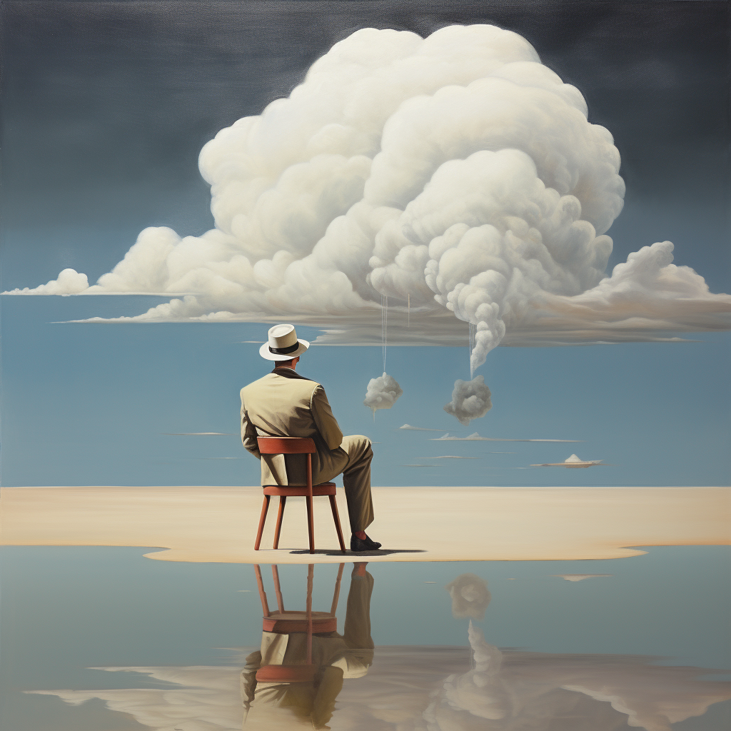 man sitting on cloud looking down