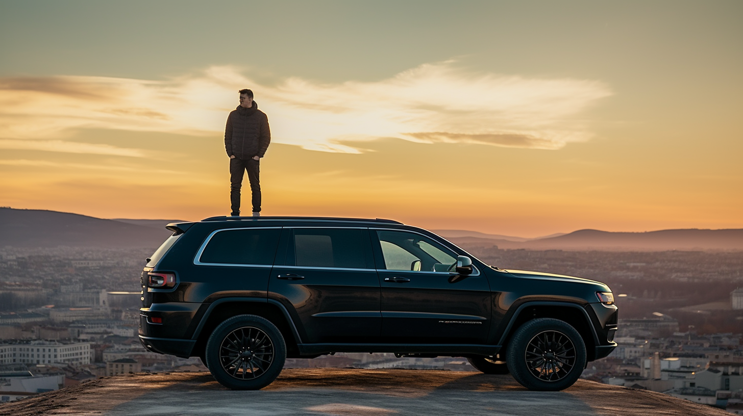 Man sitting on roof of black Grand Jeep Cherokee