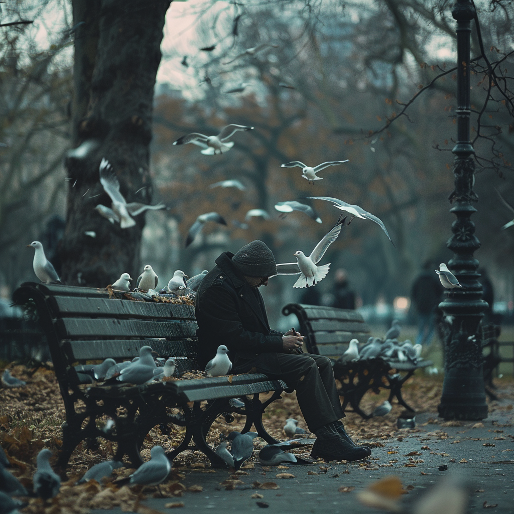 Man feeding seagulls in park