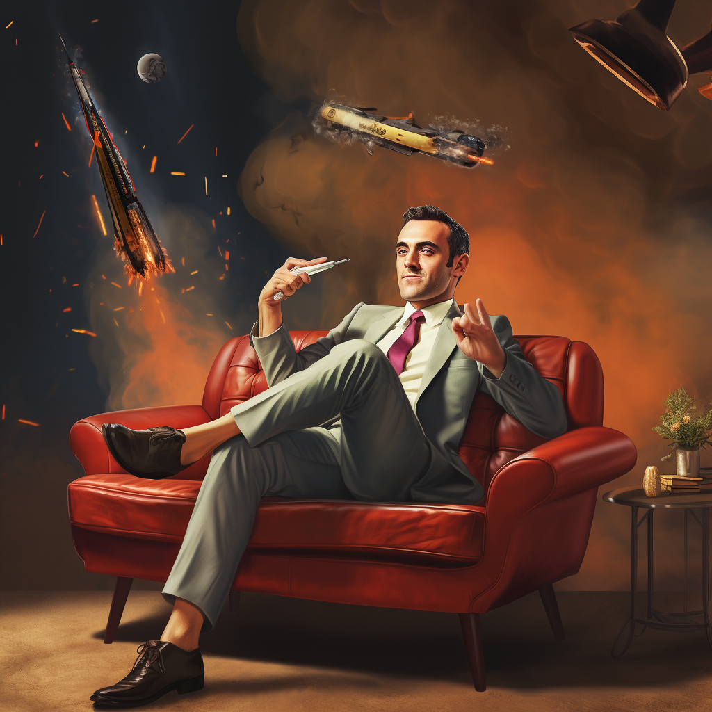 Man on Sofa with Rocket Launch