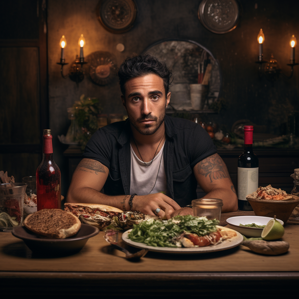 Man Sitting at Table with Food Photography