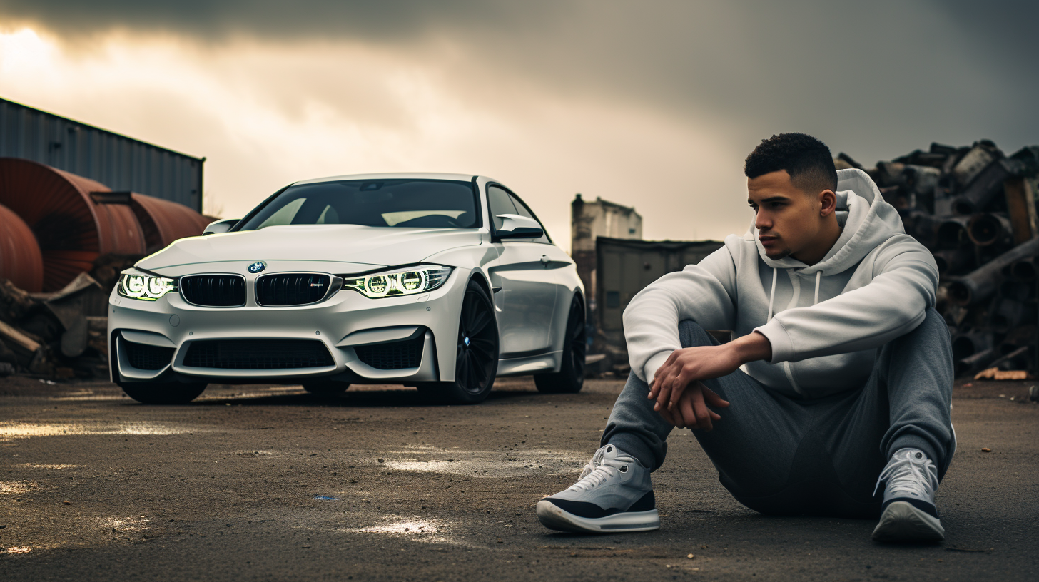 Man sitting in front of white BMW on cloudy day